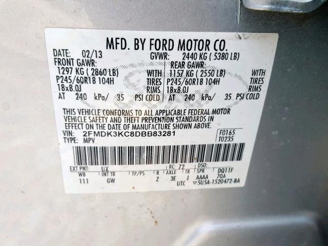 2FMDK3KC8DBB83281 - 2013 FORD EDGE LIMIT SILVER photo 10