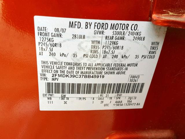 2FMDK39C37BB45919 - 2007 FORD EDGE SEL P ORANGE photo 10