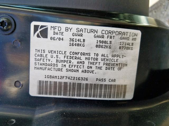 1G8AM12F74Z216326 - 2004 SATURN ION LEVEL 2  photo 10