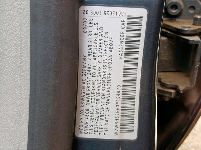 WVWRH63B63P194870 - 2003 VOLKSWAGEN PASSAT GLX 灰色 照片 10