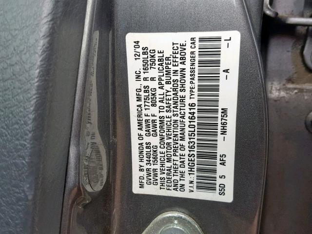 1HGES16315L016416 - 2005 HONDA CIVIC DX V GRAY photo 10