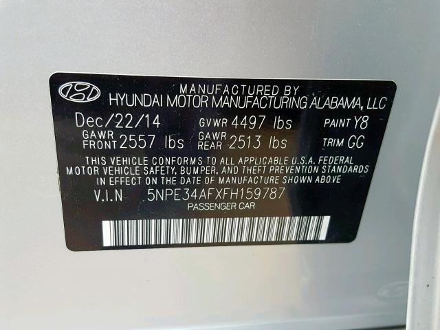 5NPE34AFXFH159787 - 2015 HYUNDAI SONATA SPO SILVER photo 10