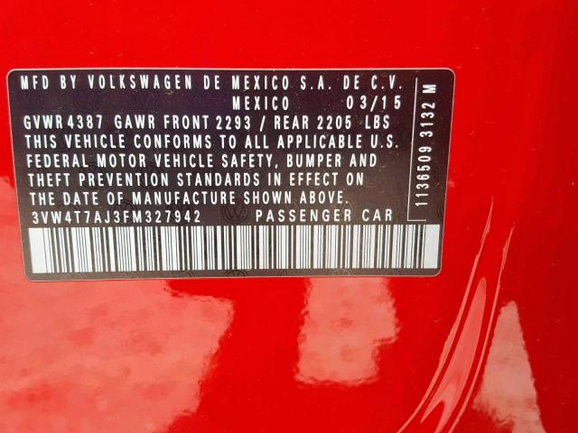 3VW4T7AJ3FM327942 - 2015 VOLKSWAGEN JETTA GLI RED photo 10