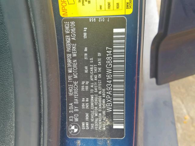 WBXPA93416WG88147 - 2006 BMW X3 3.0I BLUE photo 10