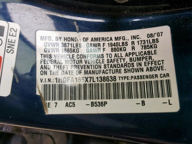 1HGFA165X7L138638 - 2007 HONDA CIVIC LX BLUE photo 10