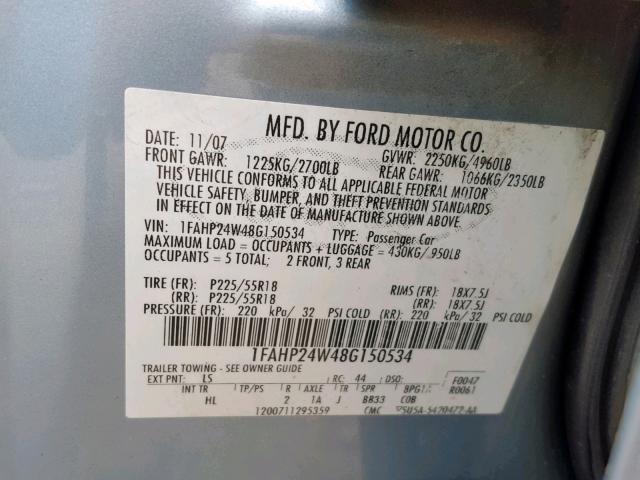 1FAHP24W48G150534 - 2008 FORD TAURUS SEL BLUE photo 10