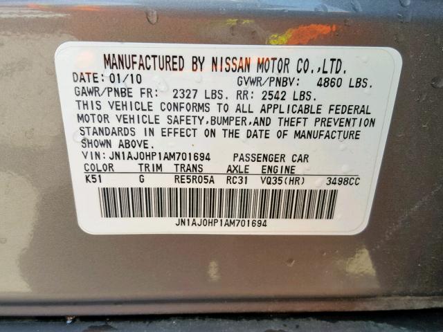 JN1AJ0HP1AM701694 - 2010 INFINITI EX35 BASE GRAY photo 10