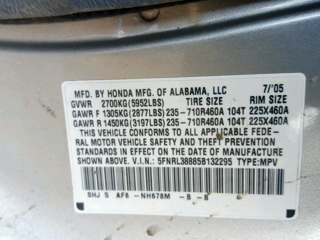 5FNRL38885B132295 - 2005 HONDA ODYSSEY TO SILVER photo 10