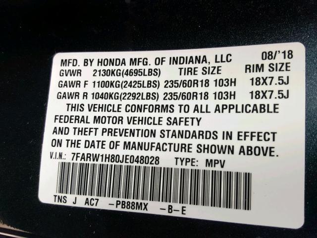 7FARW1H80JE048028 - 2018 HONDA CR-V EXL BLUE photo 10