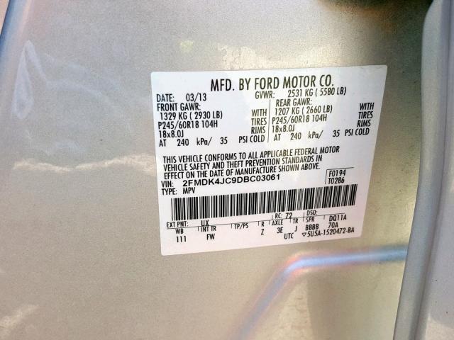 2FMDK4JC9DBC03061 - 2013 FORD EDGE SEL SILVER photo 10