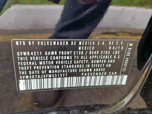3VW2K7AJ4FM331377 - 2015 VOLKSWAGEN JETTA BASE BLACK photo 10