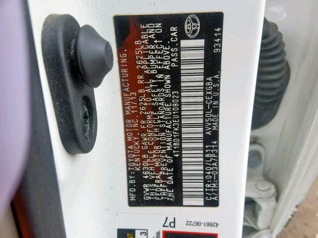 4T1BD1FK3EU108023 - 2014 TOYOTA CAMRY HYBR WHITE photo 10