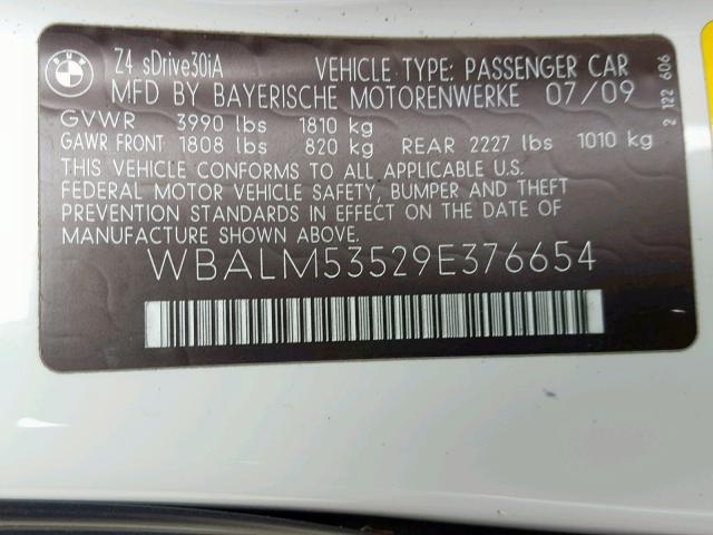 WBALM53529E376654 - 2009 BMW Z4 SDRIVE3 WHITE photo 10