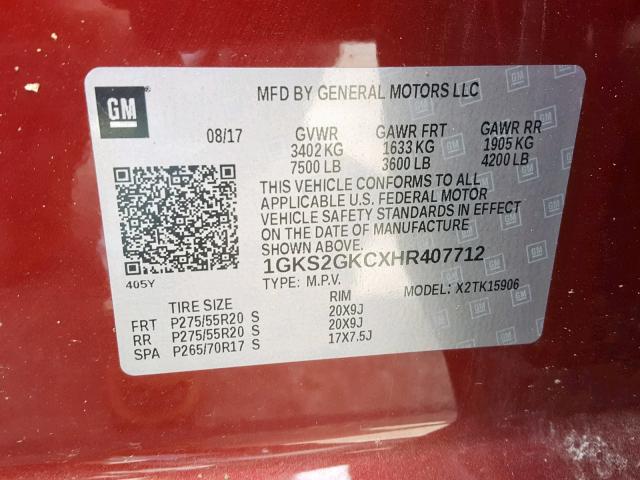 1GKS2GKCXHR407712 - 2017 GMC YUKON XL K MAROON photo 10