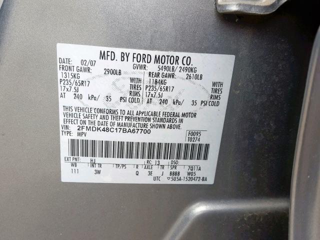 2FMDK48C17BA67700 - 2007 FORD EDGE SEL SILVER photo 10