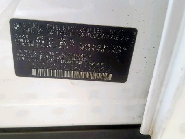 5UXZV4C58CL746916 - 2012 BMW X5 XDRIVE3 WHITE photo 10