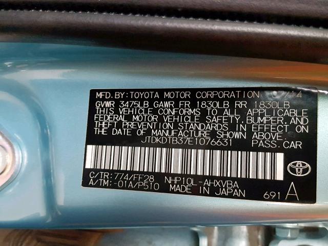 JTDKDTB37E1076631 - 2014 TOYOTA PRIUS C BLUE photo 10