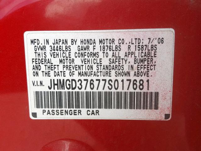 JHMGD37677S017681 - 2007 HONDA FIT S RED photo 10