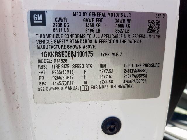 1GKKRSED8BJ100175 - 2011 GMC ACADIA SLT-2  photo 10