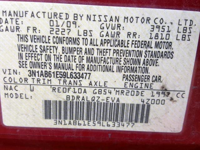 3N1AB61E59L633477 - 2009 NISSAN SENTRA 2.0 MAROON photo 10