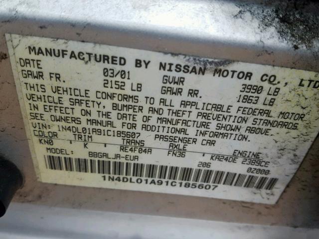 1N4DL01A91C185607 - 2001 NISSAN ALTIMA GXE SILVER photo 10