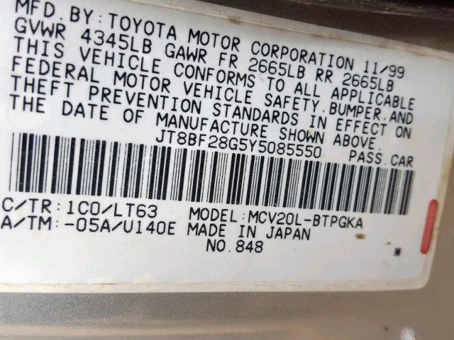 JT8BF28G5Y5085550 - 2000 LEXUS ES 300 GOLD photo 10