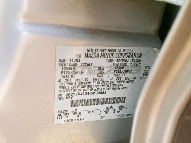 4F2YZ04134KM30868 - 2004 MAZDA TRIBUTE LX SILVER photo 10