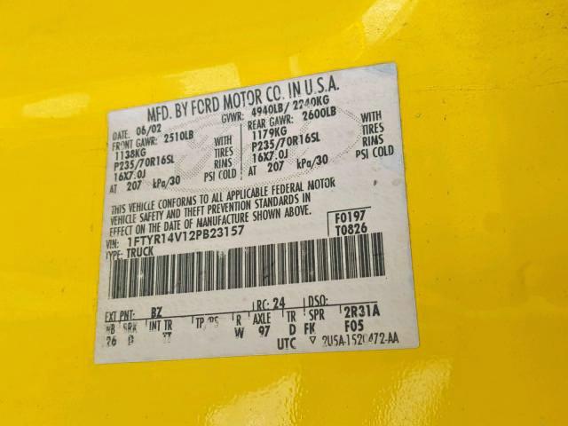 1FTYR14V12PB23157 - 2002 FORD RANGER SUP YELLOW photo 10