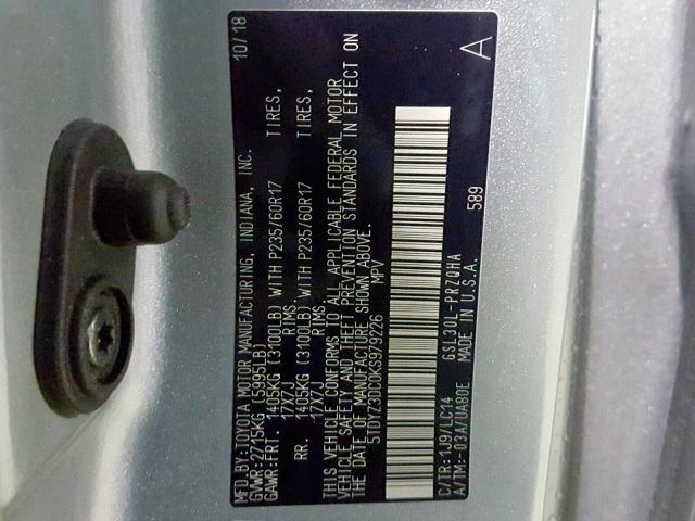 5TDYZ3DC0KS979226 - 2019 TOYOTA SIENNA LIM SILVER photo 10