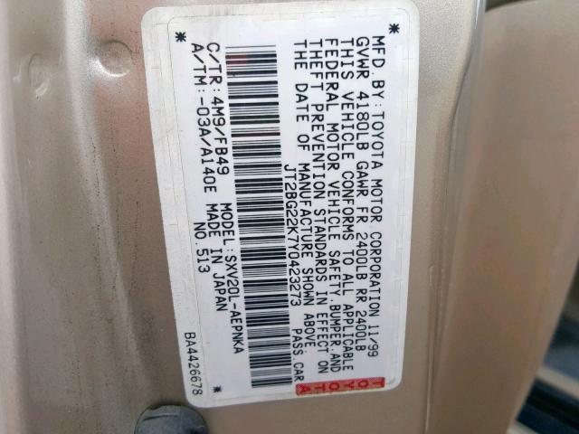 JT2BG22K7Y0423273 - 2000 TOYOTA CAMRY CE BEIGE photo 10