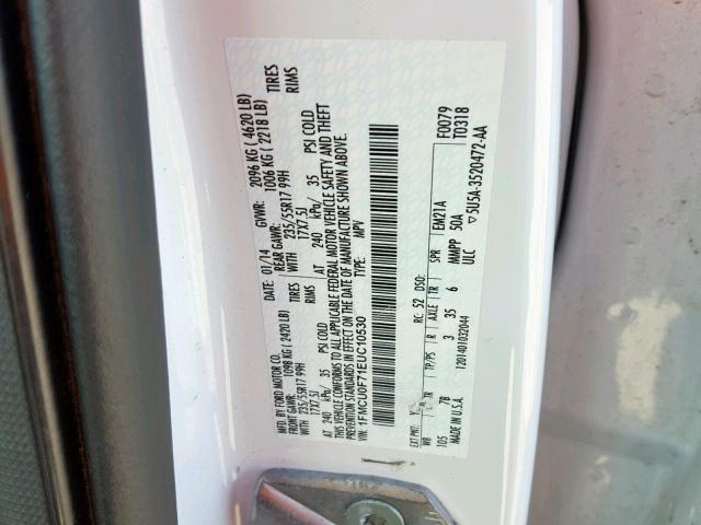 1FMCU0F71EUC10530 - 2014 FORD ESCAPE S WHITE photo 10