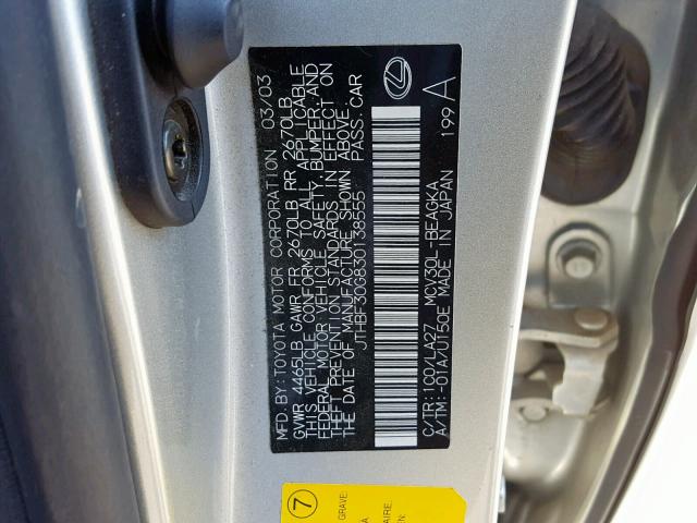 JTHBF30G830138555 - 2003 LEXUS ES 300 SILVER photo 10