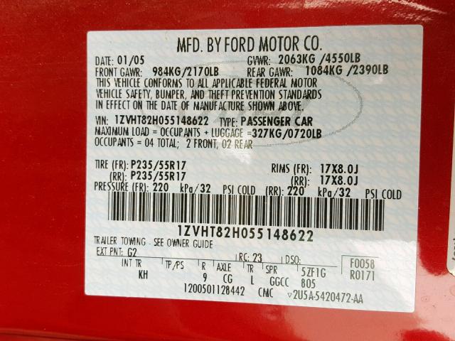 1ZVHT82H055148622 - 2005 FORD MUSTANG GT RED photo 10