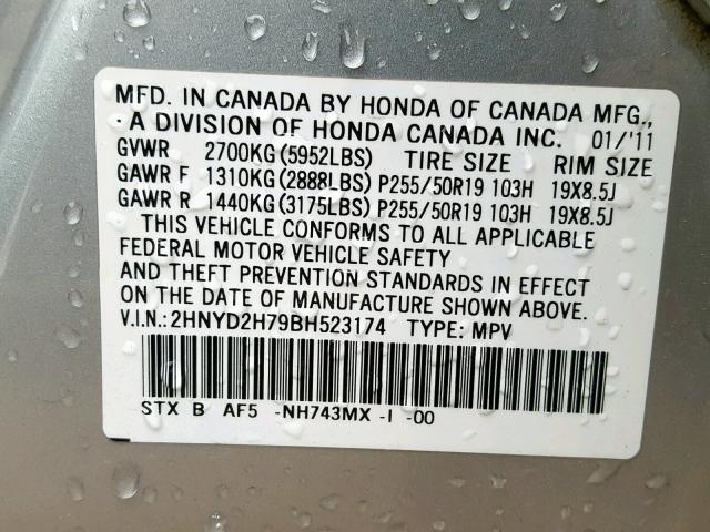 2HNYD2H79BH523174 - 2011 ACURA MDX ADVANC SILVER photo 10