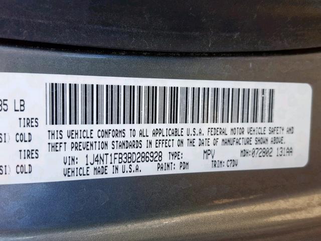 1J4NT1FB3BD286928 - 2011 JEEP COMPASS SP Сұр фото 10
