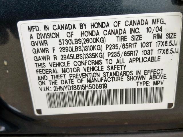 2HNYD18615H505919 - 2005 ACURA MDX TOURIN BLUE photo 10