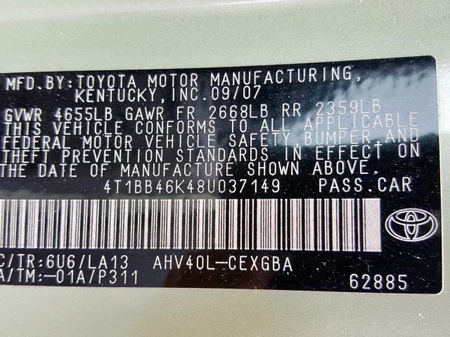 4T1BB46K48U037149 - 2008 TOYOTA CAMRY HYBR GREEN photo 10