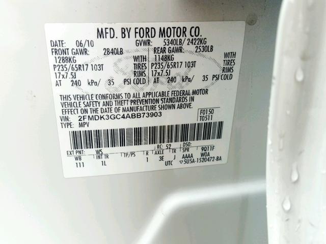 2FMDK3GC4ABB73903 - 2010 FORD EDGE SE WHITE photo 10