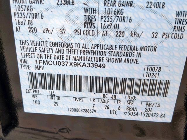 1FMCU037X9KA33949 - 2009 FORD ESCAPE XLT BLACK photo 10