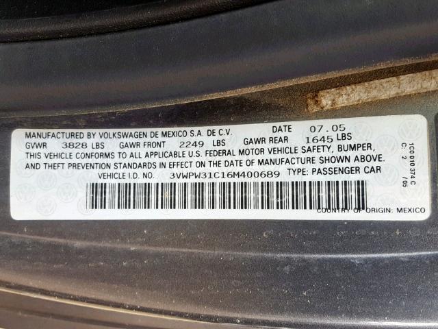 3VWPW31C16M400689 - 2006 VOLKSWAGEN NEW BEETLE ნაცრისფერი ფოტო 10