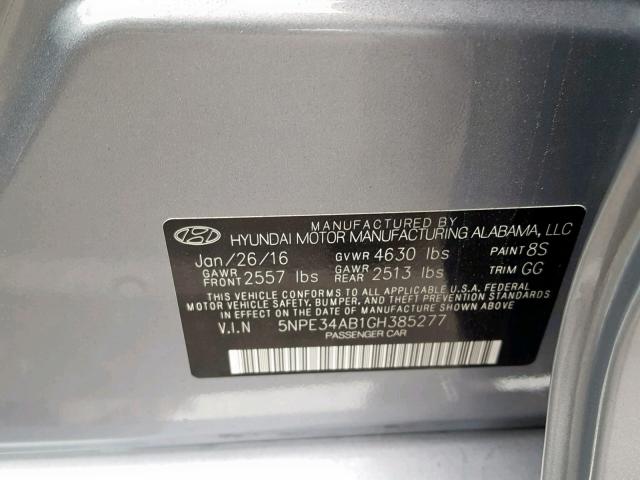 5NPE34AB1GH385277 - 2016 HYUNDAI SONATA SPO GRAY photo 10