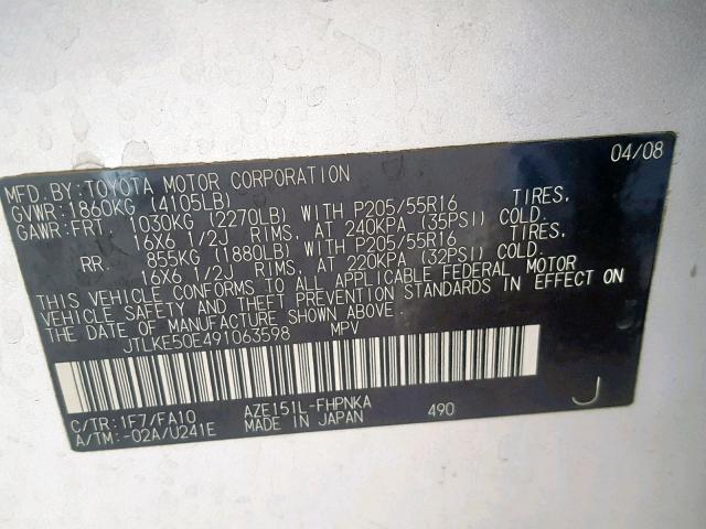 JTLKE50E491063598 - 2009 TOYOTA SCION XB 银色 照片 10