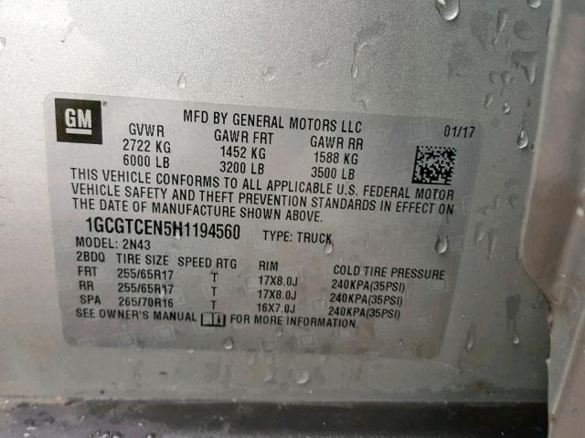 1GCGTCEN5H1194560 - 2017 CHEVROLET COLORADO L SILVER photo 10