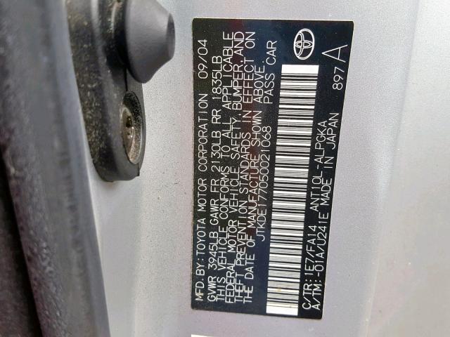 JTKDE177050021068 - 2005 TOYOTA SCION TC SILVER photo 10