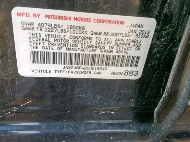 JA32U8FW2CU019040 - 2012 MITSUBISHI LANCER GT BLACK photo 10