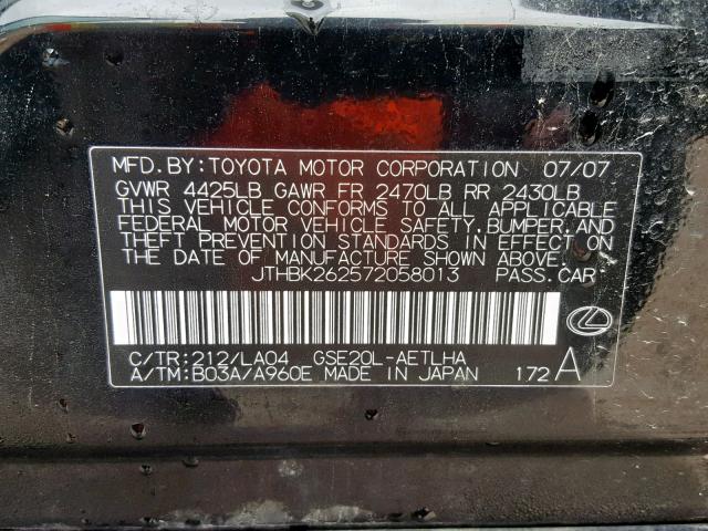 JTHBK262572058013 - 2007 LEXUS IS 250 BLACK photo 10