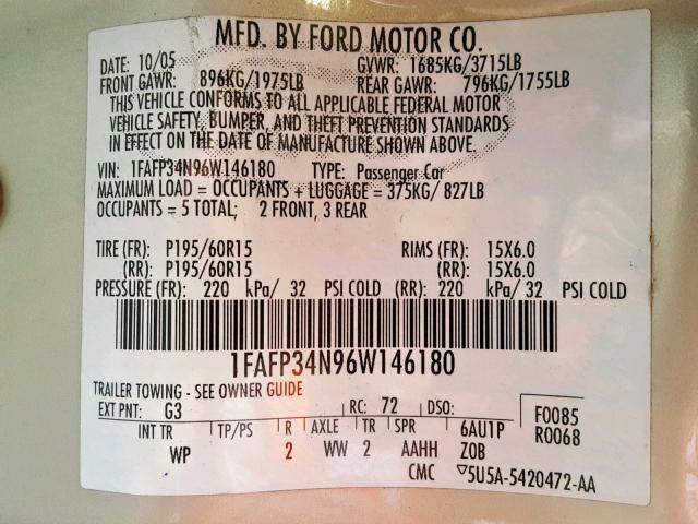 1FAFP34N96W146180 - 2006 FORD FOCUS ZX4 GOLD photo 10