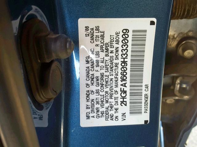 2HGFA16609H333009 - 2009 HONDA CIVIC LX-S 蓝色 照片 10