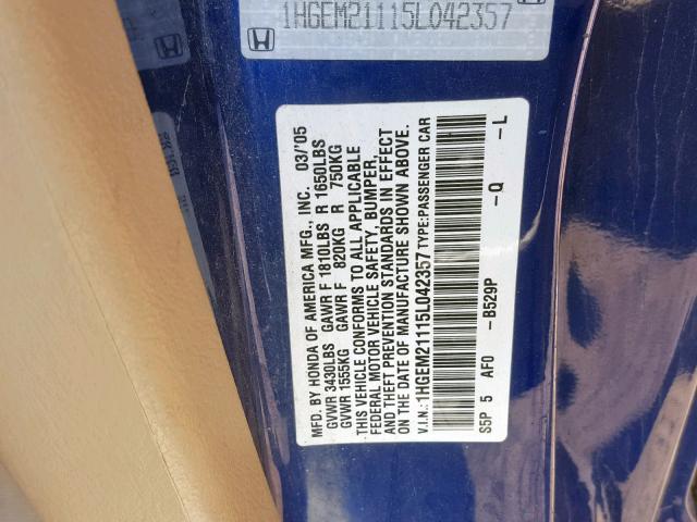 1HGEM21115L042357 - 2005 HONDA CIVIC DX V BLUE photo 10