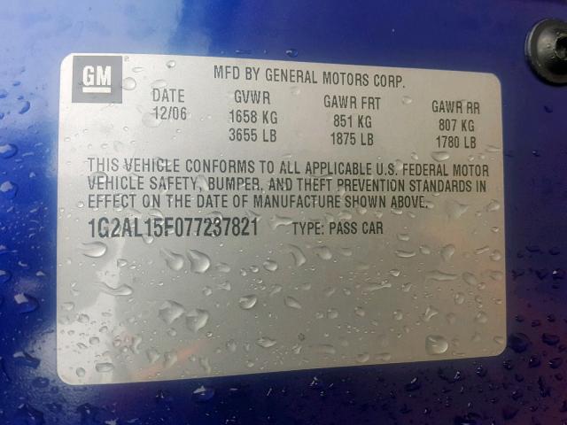 1G2AL15F077237821 - 2007 PONTIAC G5 BLUE photo 10